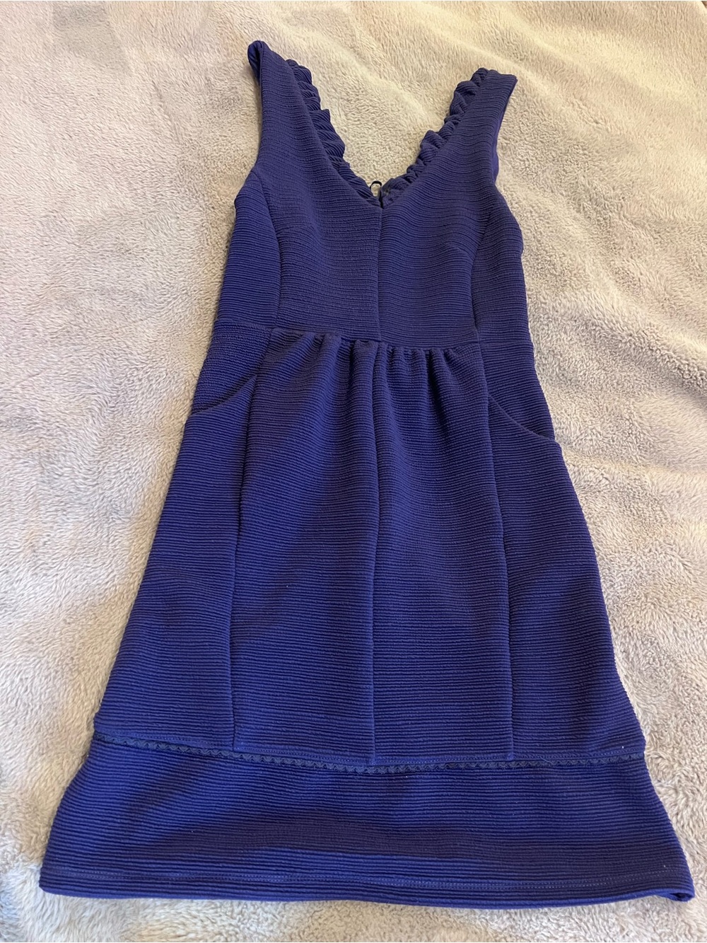 Maeve Royal Blue Solid A-Line Short Dress S Ruffle V-Neck Sleeveless Zip Pockets